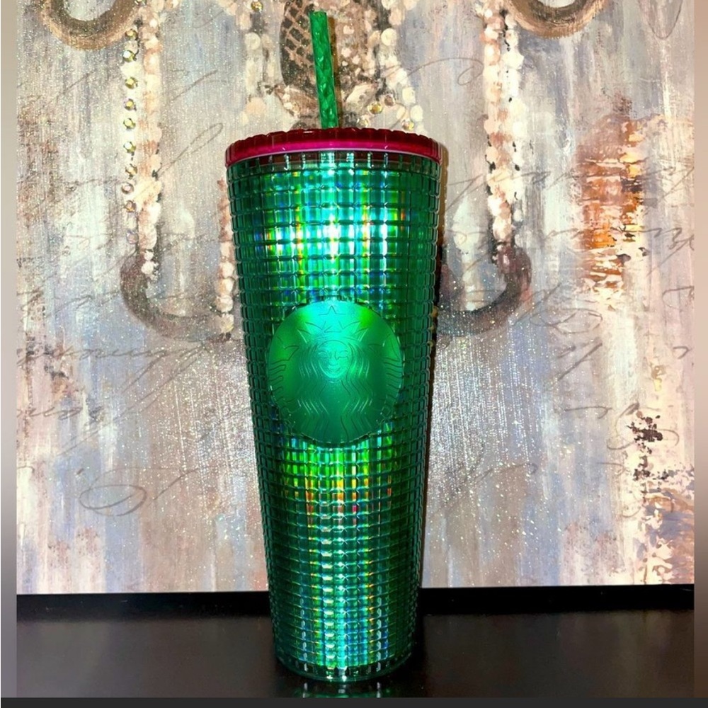 Starbucks 2023 Iridescent Watermelon Green & Pink Grid Disco Bling Venti Tumbler